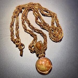 Lia Sophia Gold Tone Mottled Pink Brown Round Stone Pendant